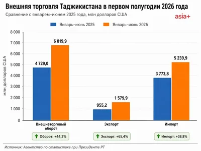 Внешнеторговый оборот Таджикистана вырос на 44% и достиг $6,8 млрд